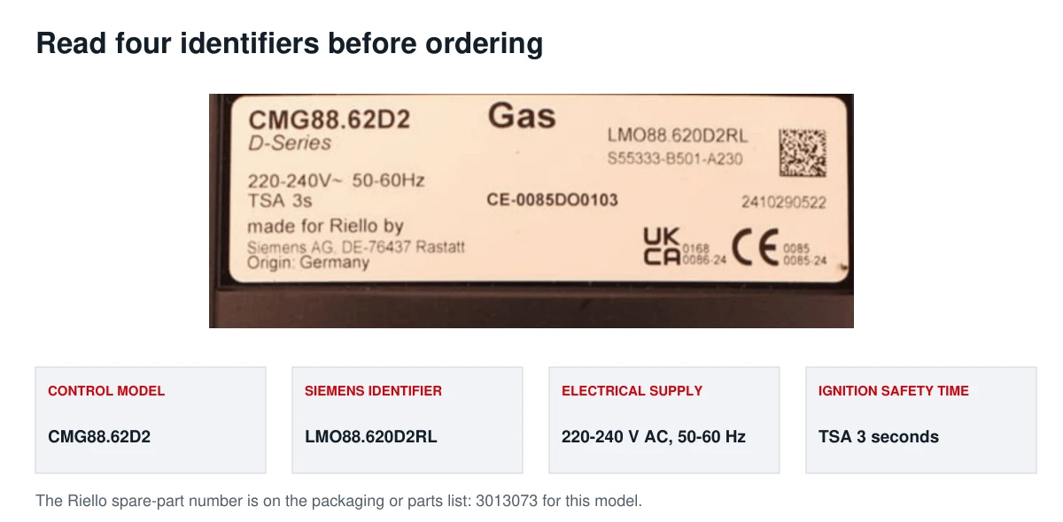 Unaltered CMG88.62D2 nameplate with model, Siemens LMO88.620D2RL identifier, 220 to 240 V supply, 50 to 60 Hz and TSA 3 seconds explained below.