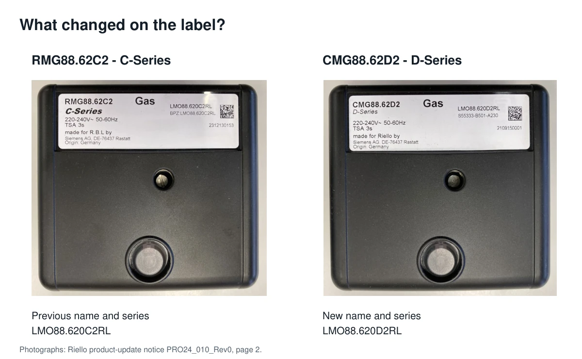 Official Riello photographs comparing RMG88.62C2 C-Series with CMG88.62D2 D-Series and their Siemens identification codes.