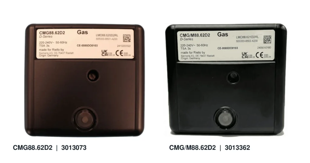 Riello CMG88.62D2 and CMG/M88.62D2 gas-burner control boxes, shown with their separate spare-part numbers.