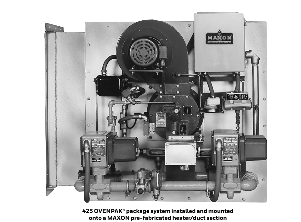 OVENPAK Model 425 package example from the manufacturer: burner, piping and control cabinet. This illustrates one 400-series arrangement, not the standard scope for every 400 or 500 burner.